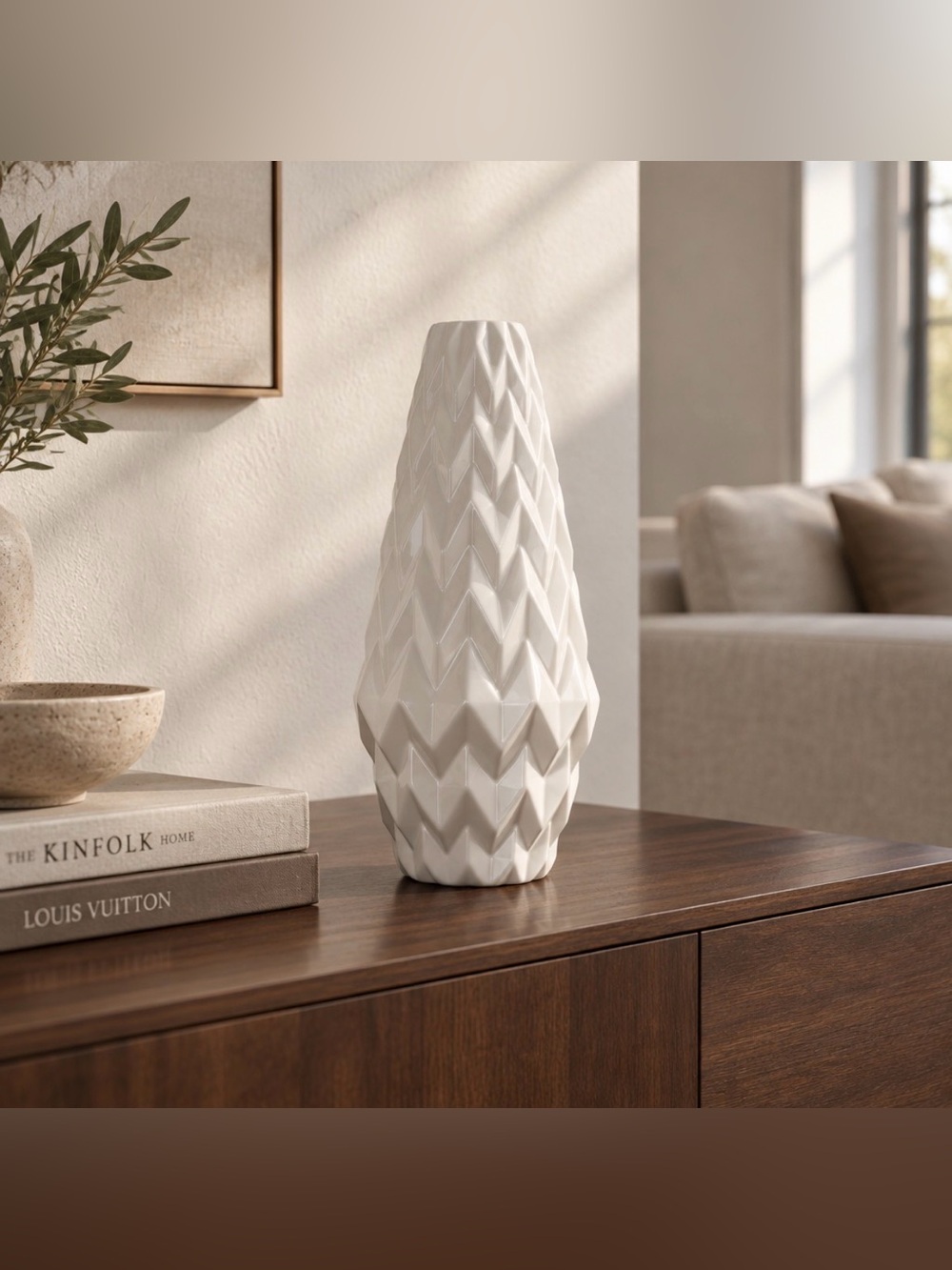 Neo-Art Vintage Stylish Decorative Geometric Ceramic Vase - White Glaze